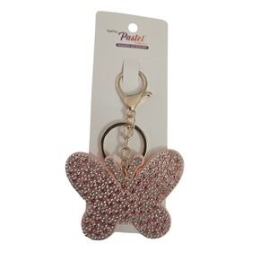 Pink Rhinestone Butterfly Keychain Purse Charm Gold Tone Sparkly Bag Accessory